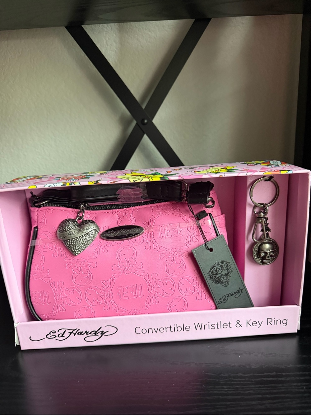 Ed Hardy Pink Convertible Wristlet with Heart Charm and Key Ring